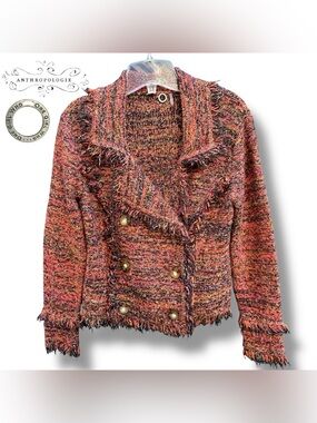 Anthro One Girl Who Wool Blend Tweed Fringe Double Breasted Sweater Jacket | L